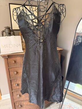 Victoria's Secret Black Satin Lace-Trim Slip with Crisscross Front